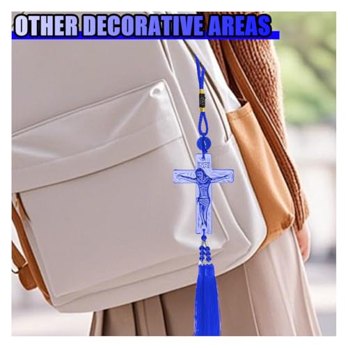 Jesus Crucifix Cross Car Rear View Mirror Charm, Religious INRI Cross Pendant Car Rearview Mirror Hanging Decoration, Auto Interior Ornament with Tassel for Men Women (Blue) Blue