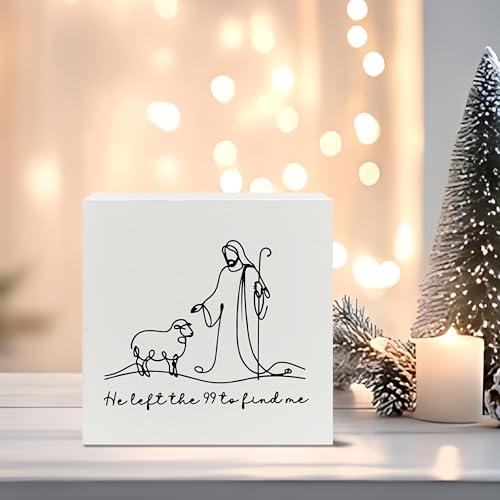 Christian He Left the 99 to Find Me Wooden Box Sign, Christian Gifts for Women, Faith Based Gifts, Bible Verse Scripture Wood Block Sign for Home Office Desk Shelf Table Decor, 5x5 Inch white -5
