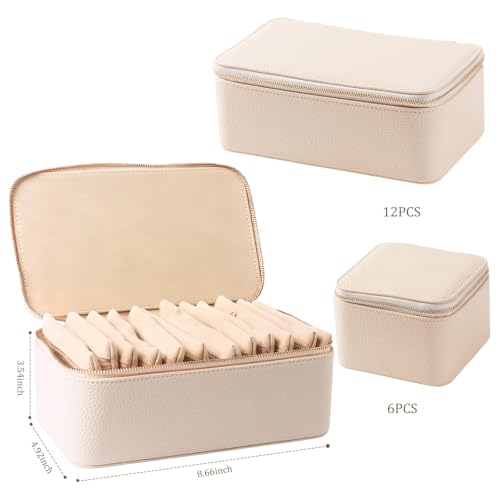 Travel Jewelry Case with 12 Velvet Zipped Pouches Bags, Beige Beige - 12 Pouch