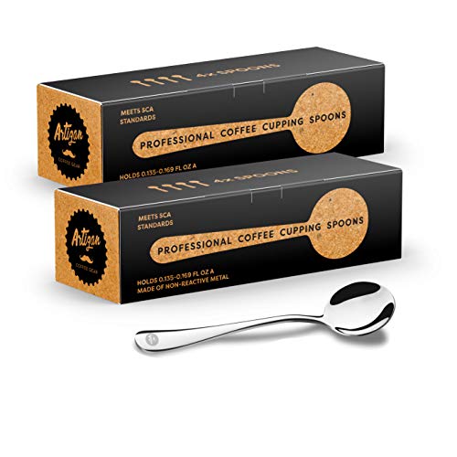 Set of 8 stainless steel Specialty Coffee Association (SCA) professional coffee cupping spoons by Artizan Coffee Gear.