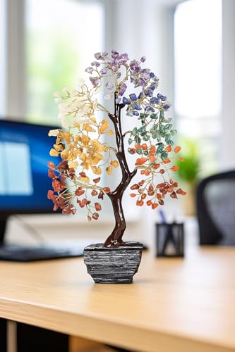 CREATIVE LEATHER ART 7 Chakra Crystal Tree with Raw Black Tourmaline Base - Gemstone Bonsai Money Tree for Good Luck & Protection