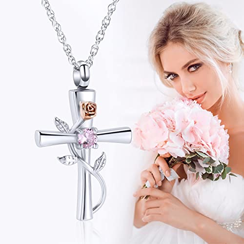 wonderful jewerly Custom Double Cross Cremation Urn Necklace Keepsake Ashes Memorial Pendant with Free Double Buckle Chain (Pink Birthstone) Pink