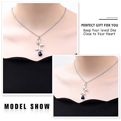 shajwo Rose Flower Urn Necklace Cremation Jewelry for Ashes Silver+blue