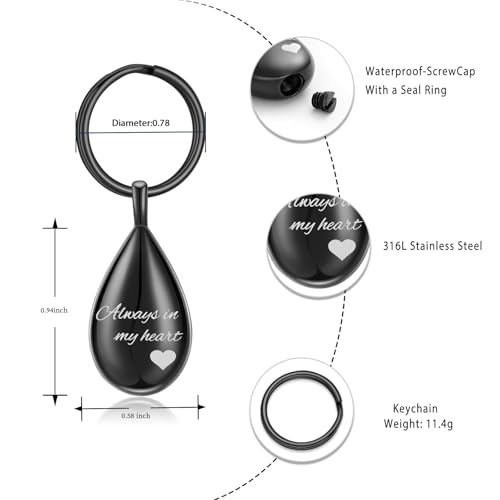 Cremation Keychain for Ashes Always In My Heart Urn Locket Cremation Jewelry Teardrop Memorial Keepsake Keychain Black