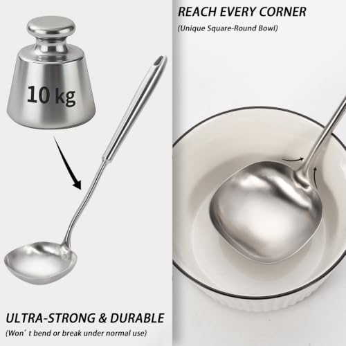 15.4" Large Soup Ladle,316 Stainless Steel Kitchen Ladle with Unique Square Head,Premium Matte Finish Gravy Ladle for Serving Stews,Soups&Sauces,Ergonomic Heat-Resistant Handle Soup Spoon 15.4in Soup Ladle