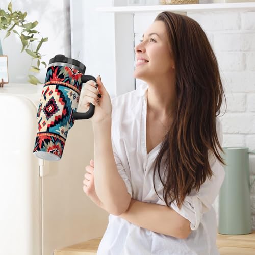 YETTASBIN Aztec 40 oz Tumbler with Handle, Stainless Steel Vacuum Insulated Sports Water Bottle, Leak-proof Travel Coffee Mug Cup with Lid and Straw for Water, Iced Tea or Coffee 40 Ounces