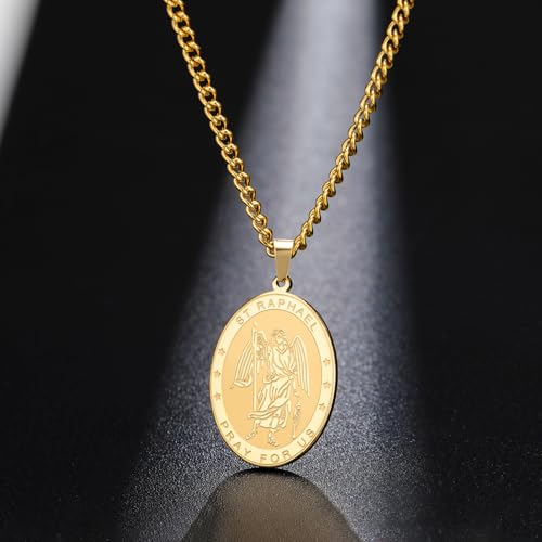 TEAMER Saint Raphael Necklace Archangel of Healing & Protection St. Raphael Pendant Necklace Amulet Religious Jewelry For Women Gold