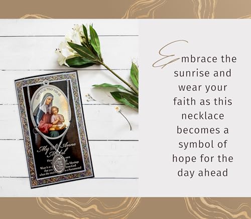Saint Anne Medallion with St Anne Prayer Card, Lord's Prayer Card | St Anne Medal Necklace Jewelry | Catholic Patron Saint Of Unmarried Women, Mothers, Grandmothers Themed Set, Total 3 Items