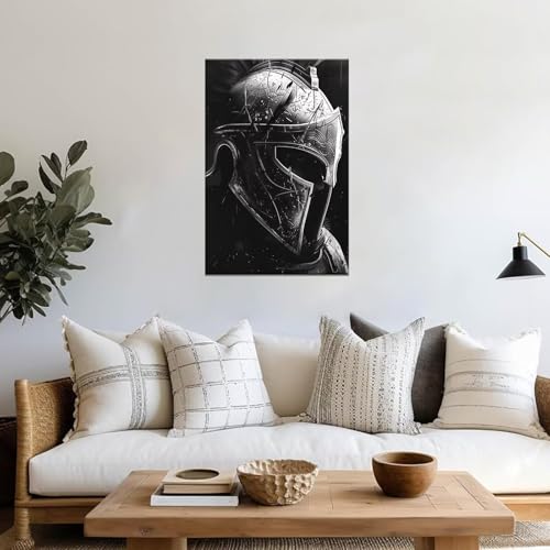 Spartan Helmet Picture Canvas Wall Art Black And White Painting Prints Artwork for Living Room Office Decoration Framed knight-10 18"L x 24"W