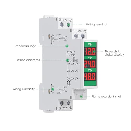 Garosa DIN rail voltmeter with 3-digit LCD display, DC 11–310V range, switch output, and isolated triple-way module