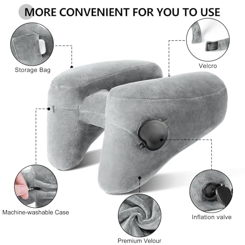 Sunany Travel Neck Pillow for Airplane Pillow Comfortably Supports Head, Neck and Chin, Inflatable Travel Pillow with Soft Velour Cover and Portable Drawstring Bag (Grey, H-Shape) Grey