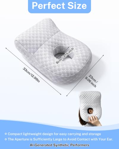Gray KUAZIDAR ear pillow with hole, side sleeper pillow designed to reduce ear pain and provide comfortable support while sleeping.