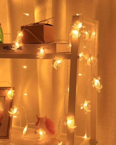 MUCHER Moon Star Fairy Lights, 6M 40Pcs LED USB Powered String Lights, Decoration Lightning for Christmas Wedding Birthday Valentine Party Bedroom Indoor&Outdoor (Warm White) Moon & Star