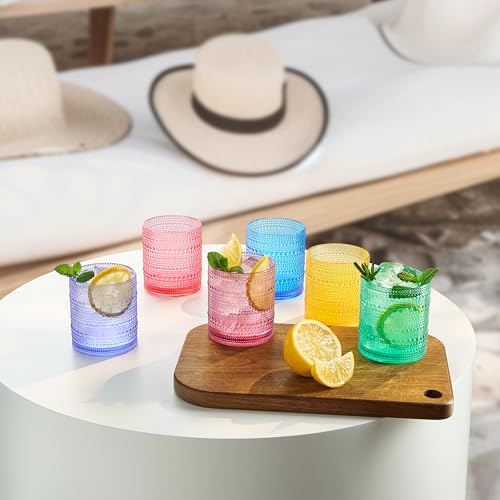 Khen Plastic Hobnail Drinking Glasses Set of 6 Bright Tones Cups 14oz, Shatterproof & Unbreakable Acrylic Beaded Design, BPA-Free, Dishwasher Safe Indoor/Outdoor Drinkware for Water, Juice, Cocktails Set of 6 - Pastel