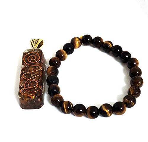 Tiger Eye Orgone Pyramid Set with Flower of Life – Reiki Crystal Energy Generator – Includes Stone Bracelet & Pendant for Yoga Meditation & Spiritual Home Decor