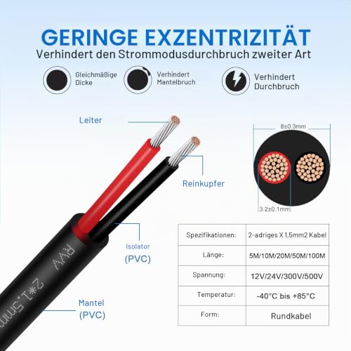 2 Core Vehicle Cable 5 m, 2 x 1.5 mm² Car Cable 12 V/24 V 2 Pin Power Cable Tinned Copper Cable for Trailer Truck LED Rear Lights, Flexible Low Impedance Extension Cable 2 x 1.5 mm² - round 5 metres