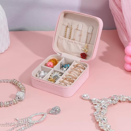 MAQUITA 12 Pack Travel Jewelry Case Bridesmaid Gifts Box, PU Leather Small Jewelrys Case Organizer Storage for Women Girls Rings Earrings (Pink) pink-12pcs