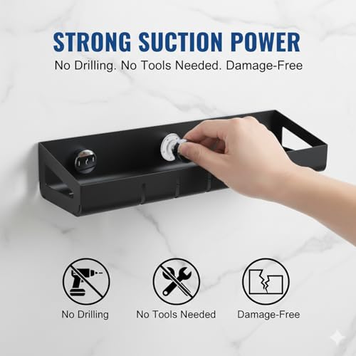 15.7 inch Suction Cup Shower Caddy - No Drill Bathroom Organizers And Storage, Rustproof Carbon Steel Shower Shelves - Black