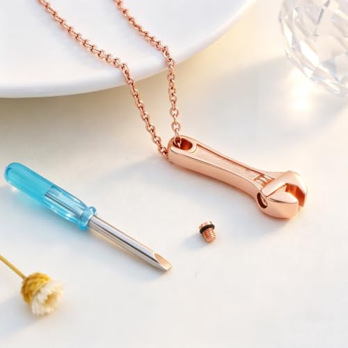 SIYUU Tool Wrench Urn Pendant Necklace for Ashes Stainless Steel Men Keepsake Locket Memorial Cremation Jewelry Necklace Rose Gold