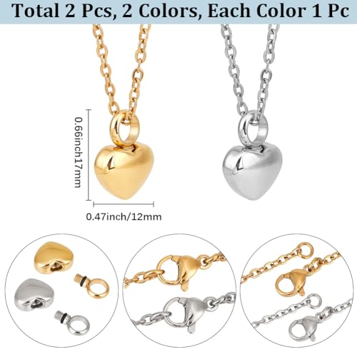 CREATCABIN 2 Packs Heart Urn Necklaces for Ashes, Silver & Gold
