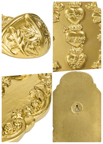 Holy Water Font Sacred Heart Catholic Decor - Holy Water Holder with Lord's Prayer Card Fuente De Agua Bendita for Wall, Altar, Home Entrance Gold