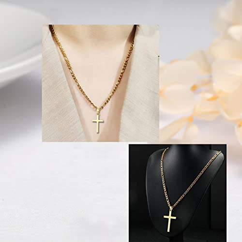 Cross Necklace Men - Cross Pendant Stainless Steel Cross Necklace for Women, Simple Men Necklace Gold Figaro Chain (45/55+ 5cm), Christmas Birthady Religious Gifts for Boy Girls