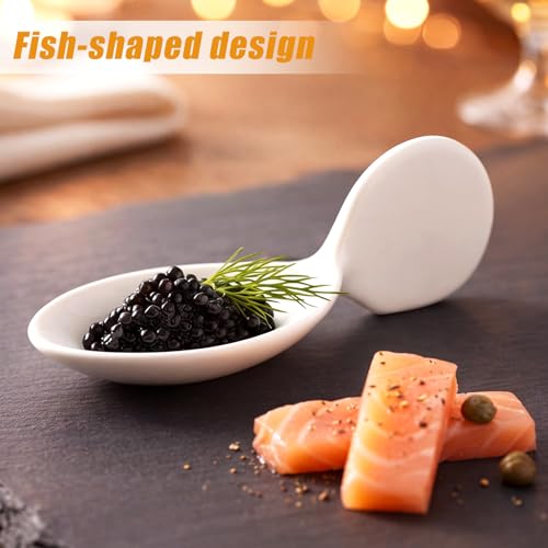 Hushee 12 Pack Fish Shaped Porcelain Tasting Spoons, 4 Inch approved Appetizer & Caviar Spoons, Chip-resistant for Buffet Serving, Sample Tasting Ceramics Spoon for Restaurant, Birthday Wedding