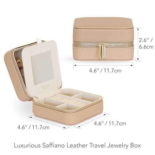 Saffiano Leather Travel Jewelry Box with Mirror | Portable Jewelry Zipper Case | Multi Compartments Jewelry Organizer for Women | Popular Gift Jewelry Box Rings Earrings Nacklaces (Sand) Sand