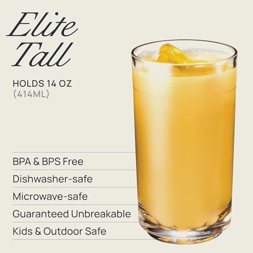 Drinique Unbreakable Elite Tall Glasses – Set of 4 | 14oz Tritan Plastic | Made with 50% Recycled Content | Reusable, Dishwasher Safe, BPA-Free, Shatterproof | Indoor, Outdoor, Everyday Use - Clear 14 Ounces