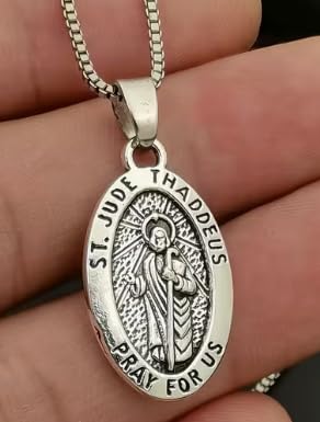Royal Swan Antique Silver St Jude Thaddeus Medal Necklace, Patron Saint Pendant, 60cm Sterling Silver Plated Box Chain, Christian Jewelry with Velvet Gift Bag. Medal 28x16mm.