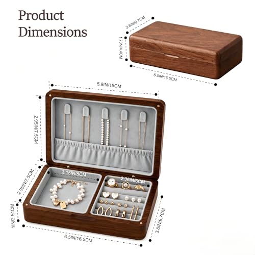 Small Wooden Jewelry Box, Solid American Black Walnut Jewelry Case Walnut+Grey Lining（M）