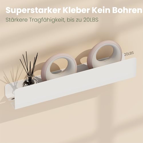 REKITA No Drill Shower Shelf Organizer, 40cm Stainless Steel Bathroom Storage with 4 Removable Hooks, Adhesive Wall Mounted Shower Caddy, Rustproof Bath Shelf for Bathroom Kitchen Living Room White