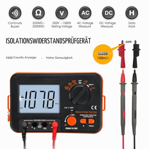 Insulation Meter 1000V, Kethvoz 250V/500V/1000V Megohmmeter | 200MΩ insulation resistors, megger with AC/DC voltage measurement, resistance 2kΩ, continuity test <50Ω, iOS meter