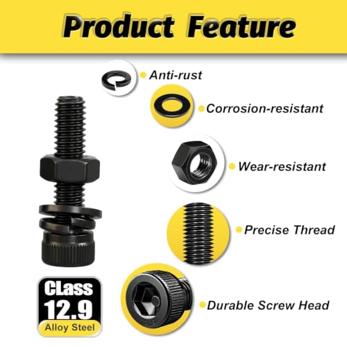 Kadrick M3 long screw kit with hex socket head cap screws, nuts and washers, black zinc plated alloy steel assortment
