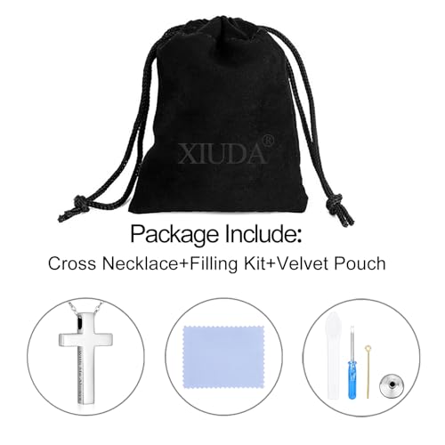 XIUDA 925 Sterling Silver Cremation Jewelry Memorial Cross Urn Necklace for Ashes Keepsake Urns Pendant Necklace for Men Women Silver, With Me Always