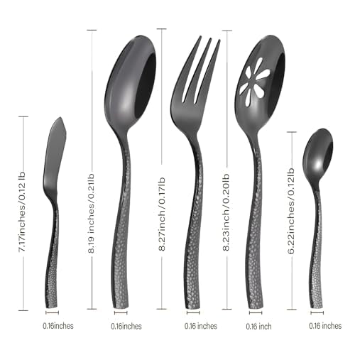 Stainless Steel Silverware Serving Set Hammered Black Mirror Finished 5 Piece Serving Utensil Set Flatware Set Mirror Black 5 Pcs