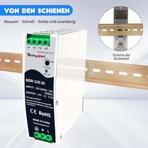 DIN Rail Power Supply 24V, 120W, 5A | Transformer 230 V to 24 V, DIN rail, 24 VDC, 24 volt power supply, 24 V DC transformer, DIN rail, ReleyWell, NDR-120-24 120Watt