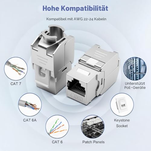 Pack of 12 CAT 7 Keystone RJ45 Module Socket for CAT7 CAT6 CAT6a, Tool-free LSA, 10 Gbit/s Transmission, Fully Shielded STP, Gold-Plated Contacts, CAT 7 Keystone Jack for Patch Panel and Network