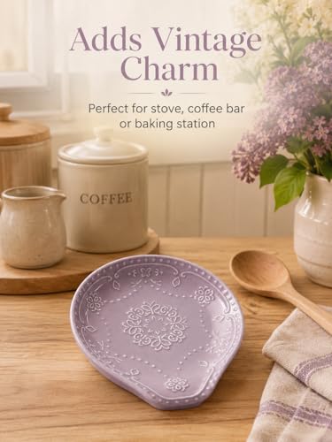 Lavender Purple Ceramic Spoon Rest for Kitchen Counter, 5.7" Floral Butterfly Embossed Spoon Holder for Stovetop, Dishwasher Safe Heat Resistant Utensil Rest, Farmhouse Kitchen Decor Gift, 2 Pcs