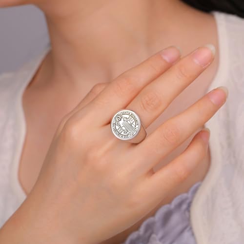 St Benedict Medal Ring San Benito Ring Patron Saint Exorcism Cross Amulet Christian Catholic Religious Jewelry Religious GIft for Men Women silver 9(US Size)