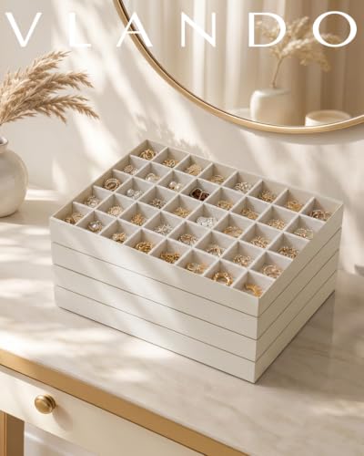 VLANDO Stackable Jewelry Tray, 40-Grid, Soft Velvet, Removable Dividers Beige 40 Grids 1
