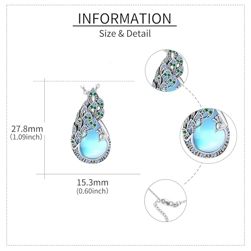 DAYLINLOVE Peacock Necklace 925 Sterling Silver Emerald Moonstone Peacock Urn Pendant Necklace Memorial Keepsake Peacock Cremation Jewelry Moonstone Urn Necklace