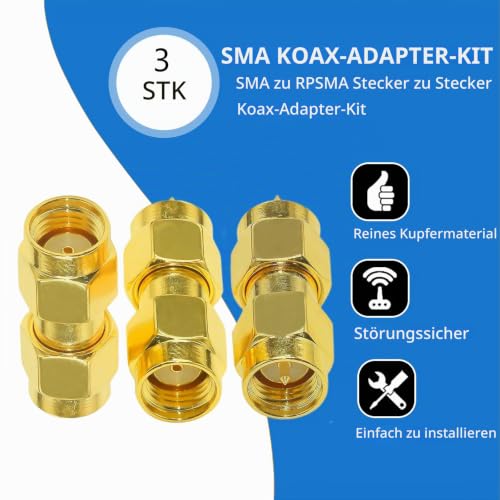 Tuolnk Set of 3 Coaxial Connectors SMA Male to RPSMA Male Coaxial RF Adapter Straight RF Coaxial Connection for Wireless Extension Cable Router Pack of 3 SMA male to RPSMA male