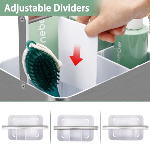 BYUNER Plastic Shower Caddy Dorm - Portable Bathroom Caddy Organizer with Handle and Divider for College Dorm & Shared Bathroom, Hard Shower Tote for Toiletry, Brushed Nickel White Silver / White