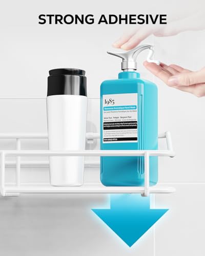 Two white Nieifi shower caddies with adhesive mounts and shampoo holders, ideal for organizing bathroom shower shelves.