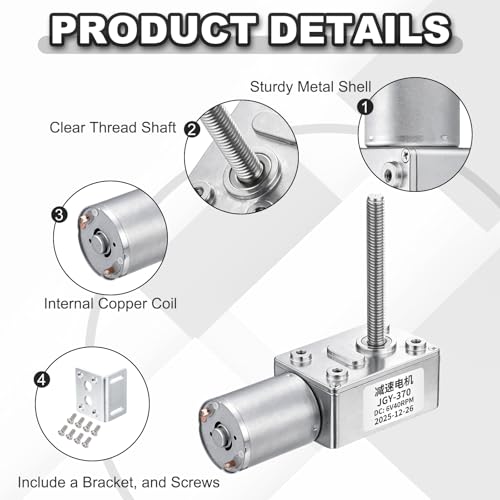 sourcing map JGY-370 6V 40RPM DC Worm Gear Motor M6 Thread Shaft High Torque Turbine Worm Gear Box Reducer Electric Motor with Fastener L-Shaped Bracket for Ovens, Projectors