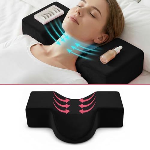 Lash Pillow for Lash Extensions, Memory Foam Lash Pillows with Neck and Back Support, Ergonomic Lash Bed Pillow with Velvet Pillowcase and Lash Organizer Pockets for Beauty Salon(Black) Black