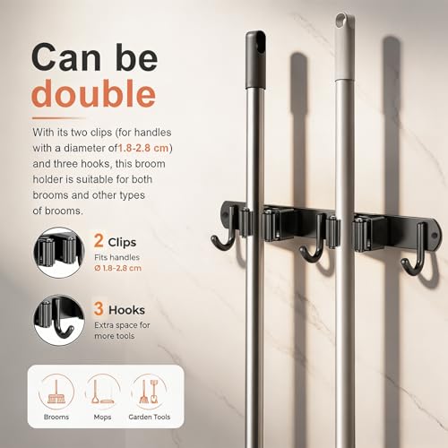 Pack of 2 Broom Holder Wall Self-Adhesive Stainless Steel (Black) - For Mop, Scrubber & Hand Brush - Adhesive or Screw Attachment - 2 Clips + 3 Hooks - Storage for Home, Garage 2 clips, 3 hooks (2 pieces) Black