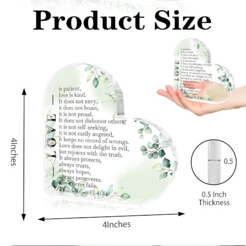 Christian Gifts for Women, Bible Verse 1 Corinthians 13:4-8 - Christian Shelf Decor, Acrylic Heart Decorative with Love, Plaque for Anniversary, Wedding Gifts, Inspiration Religious Gifts for Women Green-6 4.0x4.0 in