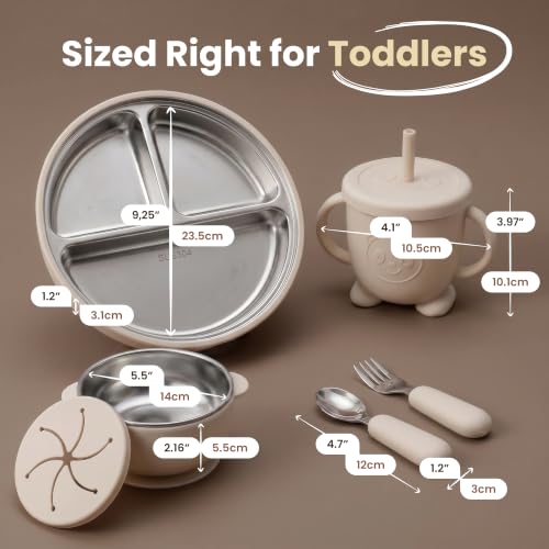 Stainless Steel & Silicone Toddler Feeding Set, 7 Piece Kids Dinnerware with Divided Plate, Bowl, Training Cup with Straw, Bib, Fork and Spoon, BPA‑Free, Food‑Grade for Children (Color Beige)